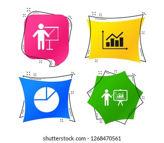 Diagram graph Pie chart icon. Presentation billboard symbol. Supply and demand. Man standing with pointer. Geometric colorful tags. Banners with flat icons. Trendy design. Vector