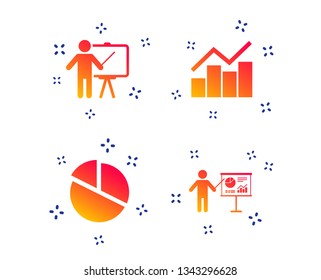 Diagram graph Pie chart icon. Presentation billboard symbol. Man standing with pointer sign. Random dynamic shapes. Gradient presentation icon. Vector