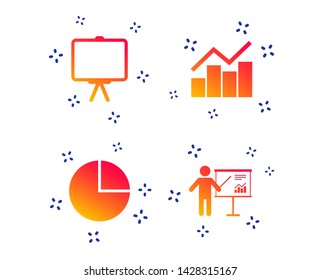 Diagram graph Pie chart icon. Presentation billboard symbol. Man standing with pointer sign. Random dynamic shapes. Gradient presentation icon. Vector