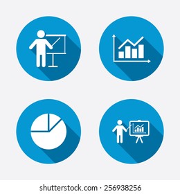 Diagram Graph Pie Chart Icon. Presentation Billboard Symbol. Supply And Demand. Man Standing With Pointer. Circle Concept Web Buttons. Vector