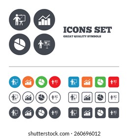 Diagram graph Pie chart icon. Presentation billboard symbol. Man standing with pointer sign. Web buttons set. Circles and squares templates. Vector