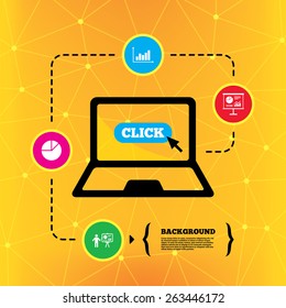 Diagram graph Pie chart icon. Presentation billboard symbol. Supply and demand. Man standing with pointer. Notebook device orange background with icons. Vector 