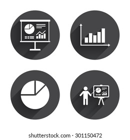 Diagram graph Pie chart icon. Presentation billboard symbol. Supply and demand. Man standing with pointer. Circles buttons with long flat shadow. Vector