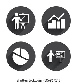 Diagram graph Pie chart icon. Presentation billboard symbol. Man standing with pointer sign. Circles buttons with long flat shadow. Vector