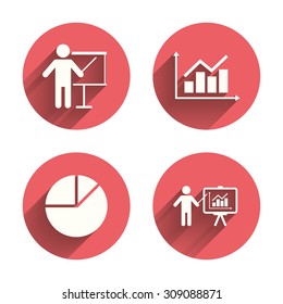 Diagram graph Pie chart icon. Presentation billboard symbol. Supply and demand. Man standing with pointer. Pink circles flat buttons with shadow. Vector