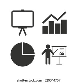 Diagram graph Pie chart icon. Presentation billboard symbol. Man standing with pointer sign. Flat icons on white. Vector