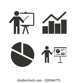 Diagram graph Pie chart icon. Presentation billboard symbol. Man standing with pointer sign. Flat icons on white. Vector