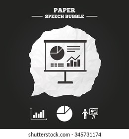 Diagram graph Pie chart icon. Presentation billboard symbol. Supply and demand. Man standing with pointer. Paper speech bubble with icon.
