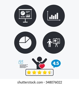 Diagram graph Pie chart icon. Presentation billboard symbol. Supply and demand. Man standing with pointer. Star vote ranking. Client like and think bubble. Quotes with message.