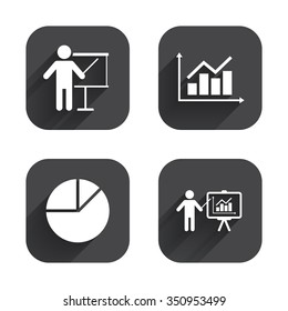 Diagram graph Pie chart icon. Presentation billboard symbol. Supply and demand. Man standing with pointer. Square flat buttons with long shadow.