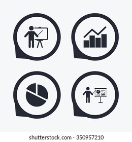 Diagram graph Pie chart icon. Presentation billboard symbol. Man standing with pointer sign. Flat icon pointers.