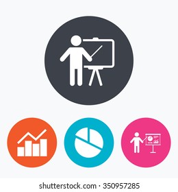 Diagram graph Pie chart icon. Presentation billboard symbol. Man standing with pointer sign. Circle flat buttons with icon.