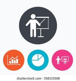 Diagram graph Pie chart icon. Presentation billboard symbol. Supply and demand. Man standing with pointer. Circle flat buttons with icon.