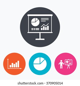 Diagram graph Pie chart icon. Presentation billboard symbol. Supply and demand. Man standing with pointer. Circle flat buttons with icon.