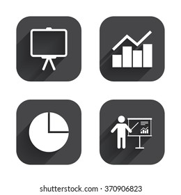 Diagram graph Pie chart icon. Presentation billboard symbol. Man standing with pointer sign. Square flat buttons with long shadow.