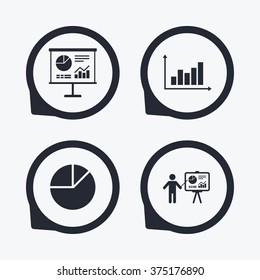 Diagram graph Pie chart icon. Presentation billboard symbol. Supply and demand. Man standing with pointer. Flat icon pointers.