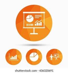 Diagram graph Pie chart icon. Presentation billboard symbol. Supply and demand. Man standing with pointer. Triangular low poly buttons with shadow. Vector