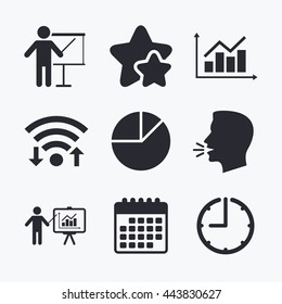 Diagram graph Pie chart icon. Presentation billboard symbol. Supply and demand. Man standing with pointer. Wifi internet, favorite stars, calendar and clock. Talking head. Vector