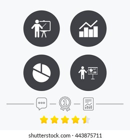 Diagram graph Pie chart icon. Presentation billboard symbol. Man standing with pointer sign. Chat, award medal and report linear icons. Star vote ranking. Vector