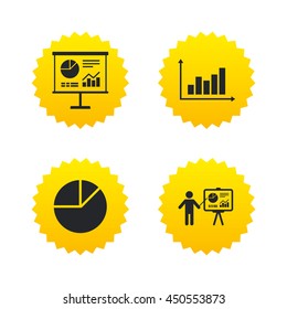 Diagram graph Pie chart icon. Presentation billboard symbol. Supply and demand. Man standing with pointer. Yellow stars labels with flat icons. Vector
