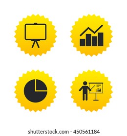 Diagram graph Pie chart icon. Presentation billboard symbol. Man standing with pointer sign. Yellow stars labels with flat icons. Vector