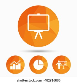 Diagram graph Pie chart icon. Presentation billboard symbol. Man standing with pointer sign. Triangular low poly buttons with shadow. Vector