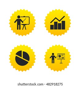 Diagram graph Pie chart icon. Presentation billboard symbol. Man standing with pointer sign. Yellow stars labels with flat icons. Vector