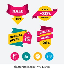 Diagram graph Pie chart icon. Presentation billboard symbol. Supply and demand. Man standing with pointer. Web stickers, banners and labels. Sale discount tags. Special offer signs. Vector