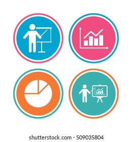 Diagram graph Pie chart icon. Presentation billboard symbol. Supply and demand. Man standing with pointer. Colored circle buttons. Vector
