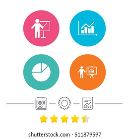 Diagram graph Pie chart icon. Presentation billboard symbol. Supply and demand. Man standing with pointer. Calendar, cogwheel and report linear icons. Star vote ranking. Vector
