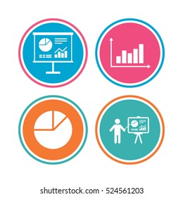 Diagram graph Pie chart icon. Presentation billboard symbol. Supply and demand. Man standing with pointer. Colored circle buttons. Vector
