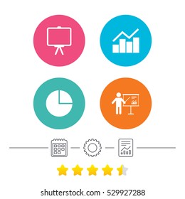Diagram graph Pie chart icon. Presentation billboard symbol. Man standing with pointer sign. Calendar, cogwheel and report linear icons. Star vote ranking. Vector