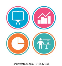 Diagram graph Pie chart icon. Presentation billboard symbol. Man standing with pointer sign. Colored circle buttons. Vector