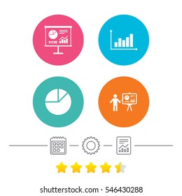 Diagram graph Pie chart icon. Presentation billboard symbol. Supply and demand. Man standing with pointer. Calendar, cogwheel and report linear icons. Star vote ranking. Vector