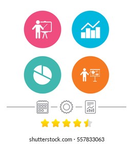 Diagram graph Pie chart icon. Presentation billboard symbol. Man standing with pointer sign. Calendar, cogwheel and report linear icons. Star vote ranking. Vector