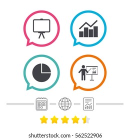 Diagram graph Pie chart icon. Presentation billboard symbol. Man standing with pointer sign. Calendar, internet globe and report linear icons. Star vote ranking. Vector