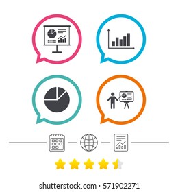 Diagram graph Pie chart icon. Presentation billboard symbol. Supply and demand. Man standing with pointer. Calendar, internet globe and report linear icons. Star vote ranking. Vector