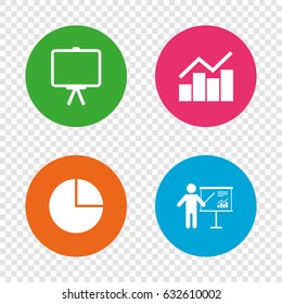 Diagram graph Pie chart icon. Presentation billboard symbol. Man standing with pointer sign. Round buttons on transparent background. Vector