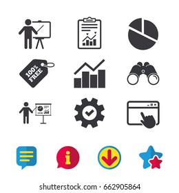 Diagram graph Pie chart icon. Presentation billboard symbol. Man standing with pointer sign. Browser window, Report and Service signs. Binoculars, Information and Download icons. Stars and Chat