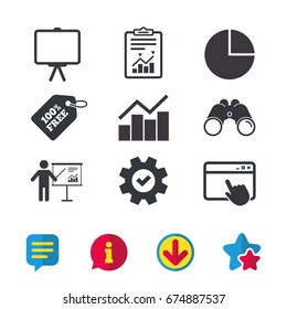 Diagram graph Pie chart icon. Presentation billboard symbol. Man standing with pointer sign. Browser window, Report and Service signs. Binoculars, Information and Download icons. Stars and Chat