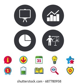 Diagram graph Pie chart icon. Presentation billboard symbol. Man standing with pointer sign. Calendar, Information and Download signs. Stars, Award and Book icons. Light bulb, Shield and Search