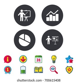 Diagram graph Pie chart icon. Presentation billboard symbol. Man standing with pointer sign. Calendar, Information and Download signs. Stars, Award and Book icons. Light bulb, Shield and Search