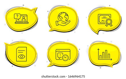 Diagram graph sign. Diploma certificate, save planet chat bubbles. Project deadline, View document and Faq line icons set. Time management, Open file, Web support. Presentation chart. Vector