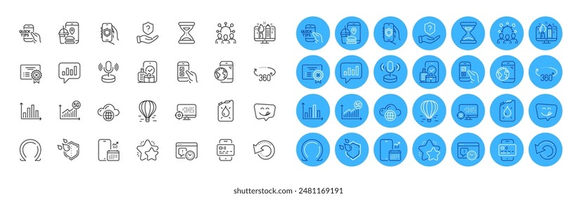 Diagram graph, Squad and Protection shield line icons pack. Project deadline, Air balloon, Star web icon. Microphone, 360 degrees, Analytical chat pictogram. Creative design, Food app. Vector