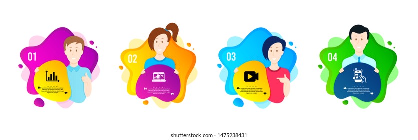 Diagram graph, Video camera and Graph laptop icons simple set. People shapes timeline. Music phone sign. Presentation chart, Movie or cinema, Mobile report. Radio sound. Education set. Vector