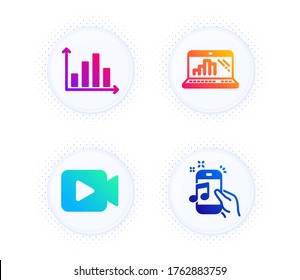 Diagram graph, Video camera and Graph laptop icons simple set. Button with halftone dots. Music phone sign. Presentation chart, Movie or cinema, Mobile report. Radio sound. Education set. Vector