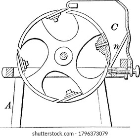 Diagram of grooved pulley having grooves which guide the inner belt, vintage line drawing or engraving illustration.