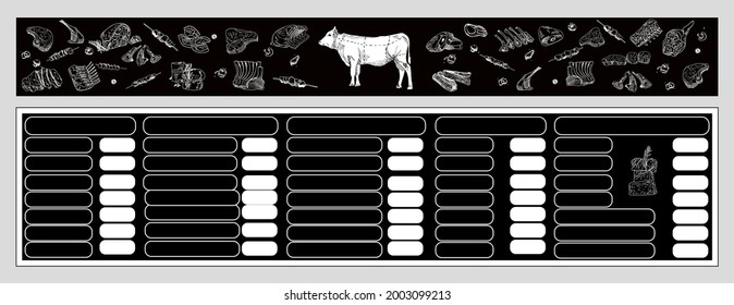 Guía de diagrama para el corte de carne. Diagrama de carnicería de afiches para comestibles, tiendas de carne, carnicería. Lista de precios, Vector.