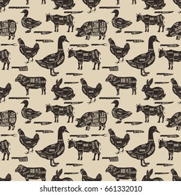 Diagram guide for cutting meat seamless pattern. Pork, cow, goose, chicken, duck,rabbit, kitchen knives.  Design element for poster, wrapping paper. Vector illustration