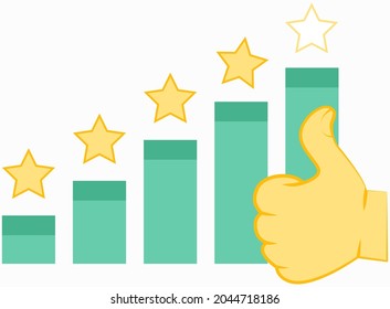 Diagram and human hand showing symbol Like thumb up, success in business. Vertical block diagram with stars, way forward. Statistics and analytics with growing lines, dynamics with ok gesture sign